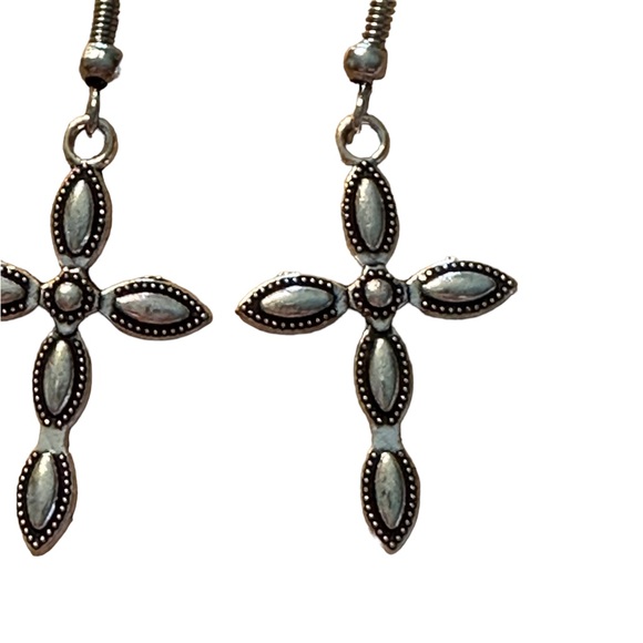 Silver Textured Design Christian Cross Drop Earrings - Picture 3 of 4